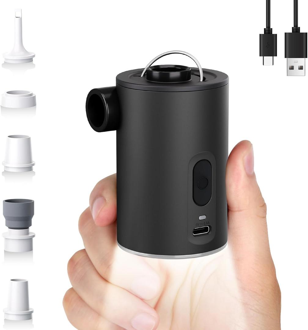 Portable Air Pump for Inflatables, Ultra-Mini Air Mattress Pump 4X with 1600mAh Battery & Camping Light, USB Rechargeable Air Pump for Swimming Rings, Pool Floats, Sleeping Pads, Vacuum Storage Bags (Black)