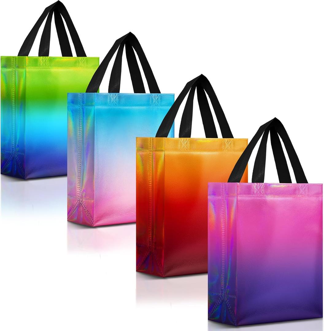 Nush Nush Set of 12 Gradient Medium Gift Bags - 4 Stunning and Shiny Reusable Gift Bags With Handles - Ideal Goodie Bag for Birthday Party, Wedding Party Favors, Christmas, Thanksgiving - 8x4x10 (Gradient Mix Color)