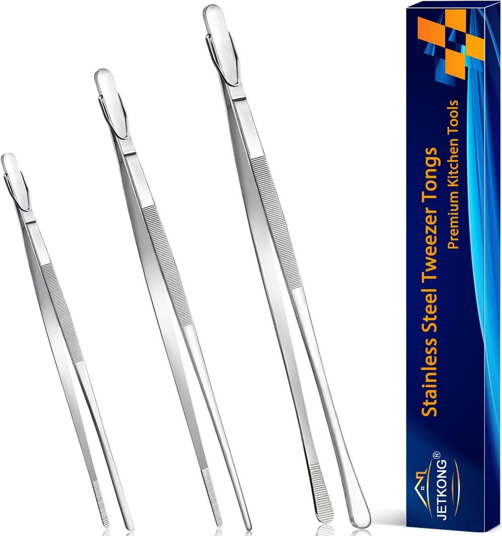 JETKONG 3 Pcs Kitchen Tweezers Tongs, Stainless Steel Cooking Tweezers, 8+10+12 Inch Ideal for meat, pasta, plating and pinching delicate small pieces of food (Silver)
