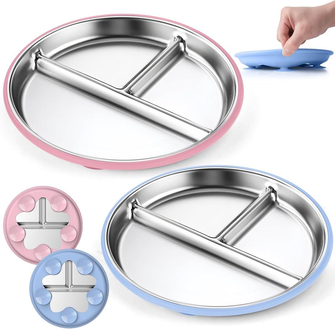OVV Stainless Steel Kids Plates (2 Pack) 9 Inch Toddler Divided Plates with Removable Silicone Sleeves & 5 Suction Cups Baby Self Feeding | Mess-Free Mealtime | Dishwasher Safe (Blue/Pink)