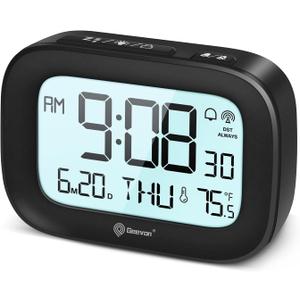 Geevon Digital Alarm Atomic Clock for Bedroom Heavy Sleepers, Mini Cute Desk Table Clock with 10s Backlight, 12/24H, Temp, Small Travel Alarm Clock for Kids Teens Adult Boy Girl, Black