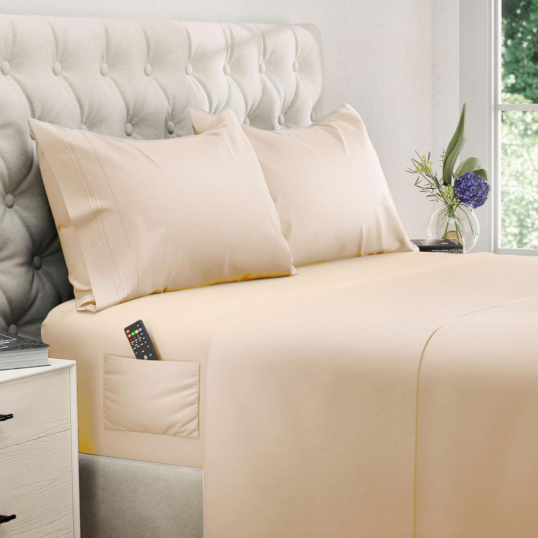 DREAMCARE Queen Sheet Set - 4 pcs Breathable Cooling Sheets - up to 21" Extra Deep Pocket Queen Sheets Set with Side Pockets - Extra Soft 100% Brushed Hypoallergenic Hotel Luxury Bedding, Wheat