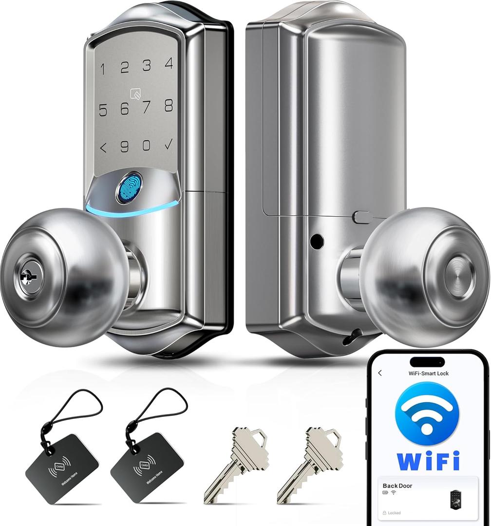Veise VE028 Built-in Wi-Fi Smart Lock with Knob, Fingerprint Keyless Entry with Handle, App Remote & Voice Control, Electronic Digital Keypad for Front Door and Bedroom, IP65 Waterproof, Satin Nickel