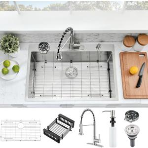 3322 Drop In Kitchen Sink with Faucet Combo - Stainless Steel Kitchen Sink Drop In with Cup Washer, 9 Inch Deep Single Bowl Kitchen Sinks and Faucets Combo Set