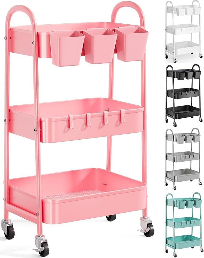 3 Tier Metal Rolling Cart with Lockable Wheels and Handle, Three Tiered Pink Trolley Cart on Wheels, Utility Storage Organizer for Bathroom, Kitchen, Teachers, Art, Crafts, Baby Diaper, Snack, Nail