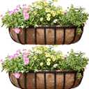 16 Inch Railing Planter Window Box Deck Balcony Rail Planter with Coco Liner Metal Wall-Mounted Coconut Liner Planter Basket English Horse Trough Planter for Outdoor Balcony Porch Fence Patio (2 Pack)