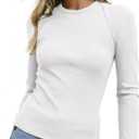 Sidefeel Womens Tops Casual Crewneck Long Sleeve Tops Ribbed Raw Hem Spring T Shirts Slim Fit Basic Tees Blouses (White, M)