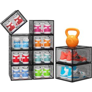 StorBin 10 Pack Shoe Organizer, Stackable Shoe Box with Magnetic Door, Foldable Space-Saving Shoe Storage for Closet, Entryway, Under Bed, Durable Shoe Cabinet & Rack