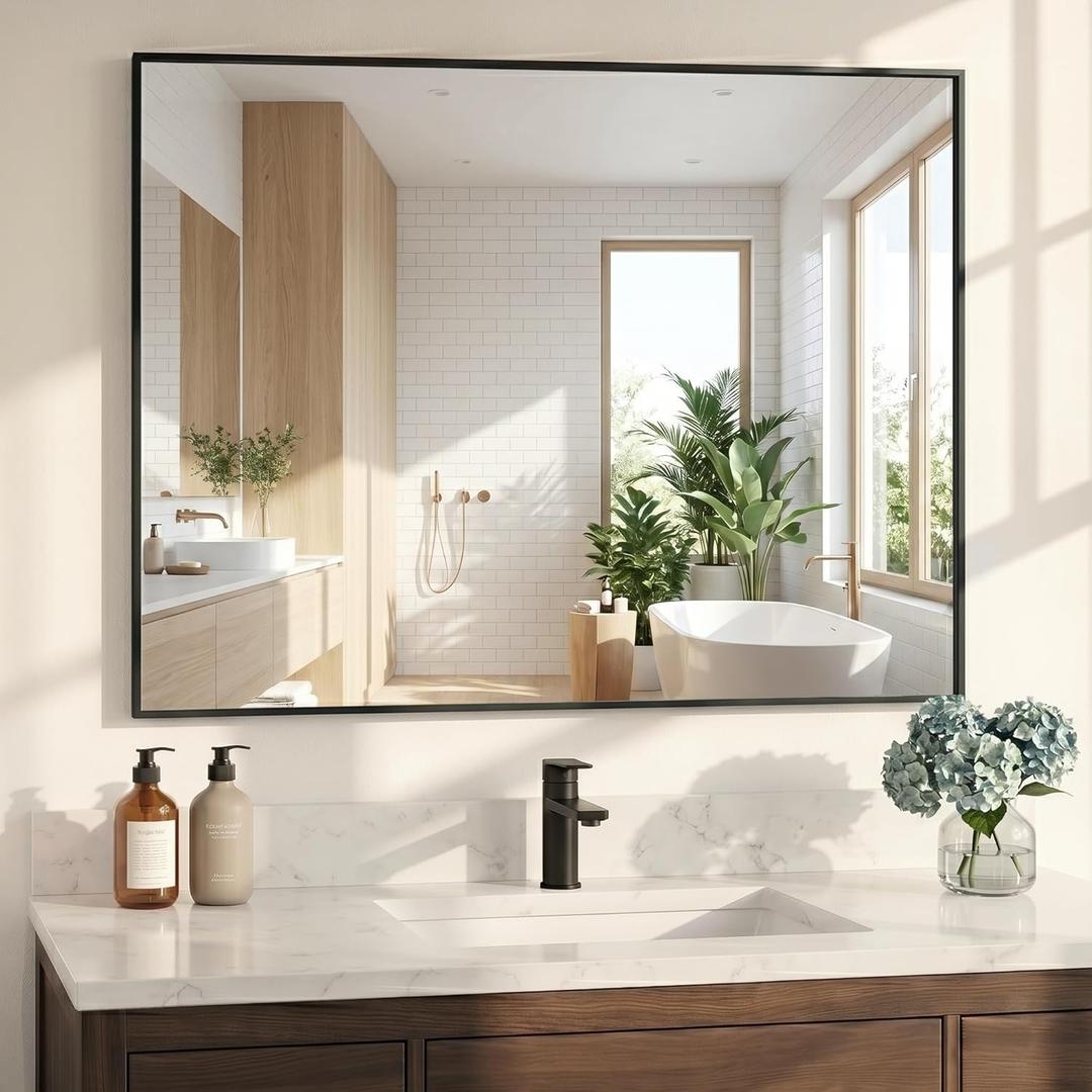 Black Bathroom Mirror for Wall, Shatterproof Tempered Glass, Rectangle Narrow Frame Large Vanity Mirror, H/V Wall-Mounted 40" x 30"