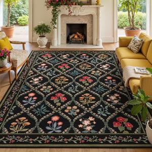 5x7 Black Washable Floral Area Rug, Vintage Boho Soft Low-Pile Living Room Rugs, Stain Resistant Botanical Non-Slip Carpet for Bedroom, Dining Room, Kids Nursery, Office, Home Decor