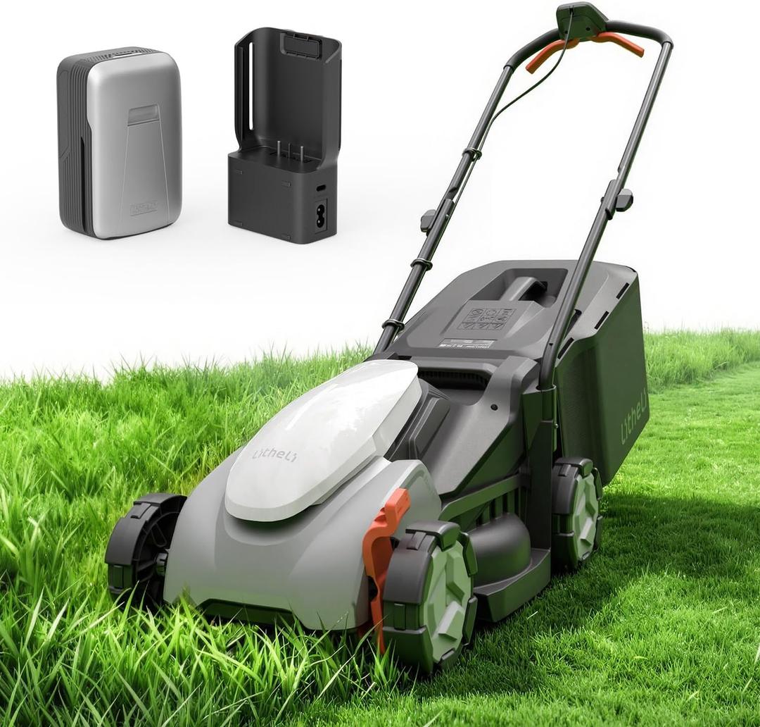 Litheli Cordless Lawn Mower 14 Inch, Brushless Motor Push Mower with Zero Maintenance, 5.0Ah Battery & Charger, Cuts up to 3000 Sq. Ft, 5-Position Height Adjustment (1-2.5 in), Lightweight Design