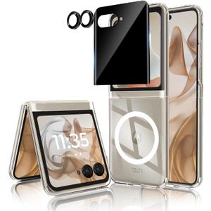 Case for Motorola Razr 2025, with Privacy Screen Protector + Camera Lens Protector, [Anti Yellowing] [Compatible with Magsafe] Shockproof Slim Magnetic Phone Case for Moto Razr 2025/Razr 2024 Clear
