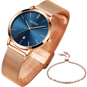OLEVS Ladies Watches Rose Gold Japanese Quartz Female Watches for Women Waterproof Stainless Steel Casual Dress Lady Wrist Watches (Blue dial - Brand bezel - band)