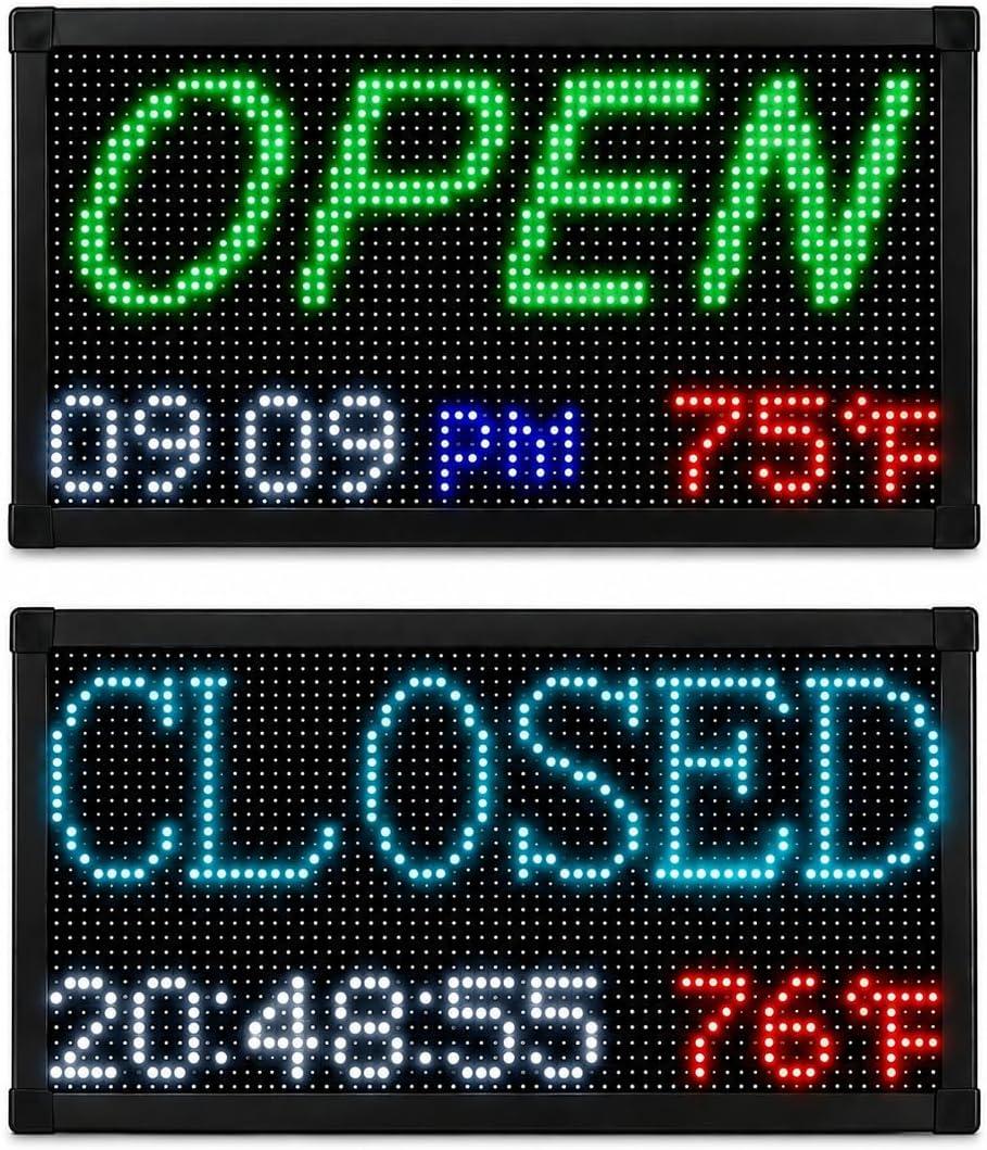 LED Open Closed Sign for Business, Waterproof Programmable Store Sign with Auto Timer, Clock Temperature Date Display, Scrolling Message Board for Shop Restaurant Barber