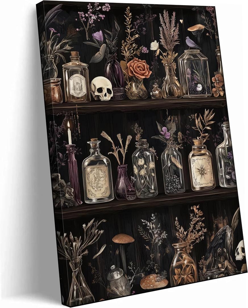 Gothic Witchy Canvas Wall Art Apothecary and Potion Bottles Picture Wall Decor Dark Academia Decor Witch Poster Tarot Aesthetic Painting Print Artwork for Living Room Bedroom Witchcraft Home Decor, 24"L x 16"W