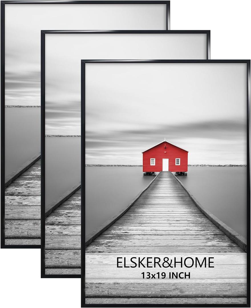 ELSKER&HOME 13x19 Poster Frame 3 Pack, Black Picture Frame for Horizontal or Vertical Wall Mounting, Sturdy and Scratch-proof