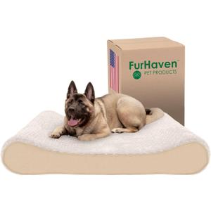 Furhaven Memory Foam Dog Bed for Large Dogs w/ Removable Washable Cover, For Dogs Up to 150 lbs - Ultra Plush Faux Fur & Suede Luxe Lounger Contour Mattress - Cream, Jumbo Plus/XXL