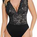 Popilush Lace Body Suits Women - Tank Top Thong Shapewear Tummy Control Going Out Tops Deep V Neck BodySuit (Small, Black)