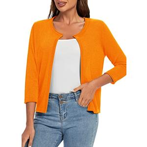 Urban CoCo Women's 3/4 Sleeve Open Front Shrugs Lightweight Crew Neck Cardigan Sweater (Orange, L)