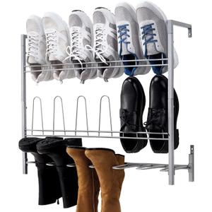 MyGift Premium Silver Metal Hanging Wall Shoe Rack for Walk in Closet, Mudroom and Entryway, Wall Mounted Space Saving Boot and Shoe Rack Organizer, Holds 9 Pairs