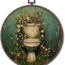 XNXLDYLH Vintage Floral Emerald Green Bathroom Round Framed Wall Art Decor, Dark Hunter Green Toilet Hanging Wall Decor for Bathroom, Plant Canvas Prints Wall Art Paintings, 10x10 Inch