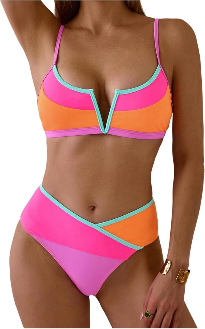 SOLY HUX Women's Color Block Bikini Set Spaghetti Strap V Wired Bathing Suit Summer Two Piece Swimsuit (Large, Multicoloured)