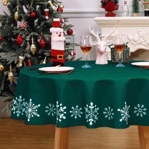 CAROMIO Round Christmas Tablecloth 60 Inch Round Table Cover, Snowflakes Chirstmas Table Cloth Indoor Xmas Decorative Table Cover for Party Kitchen Dining Room, Green