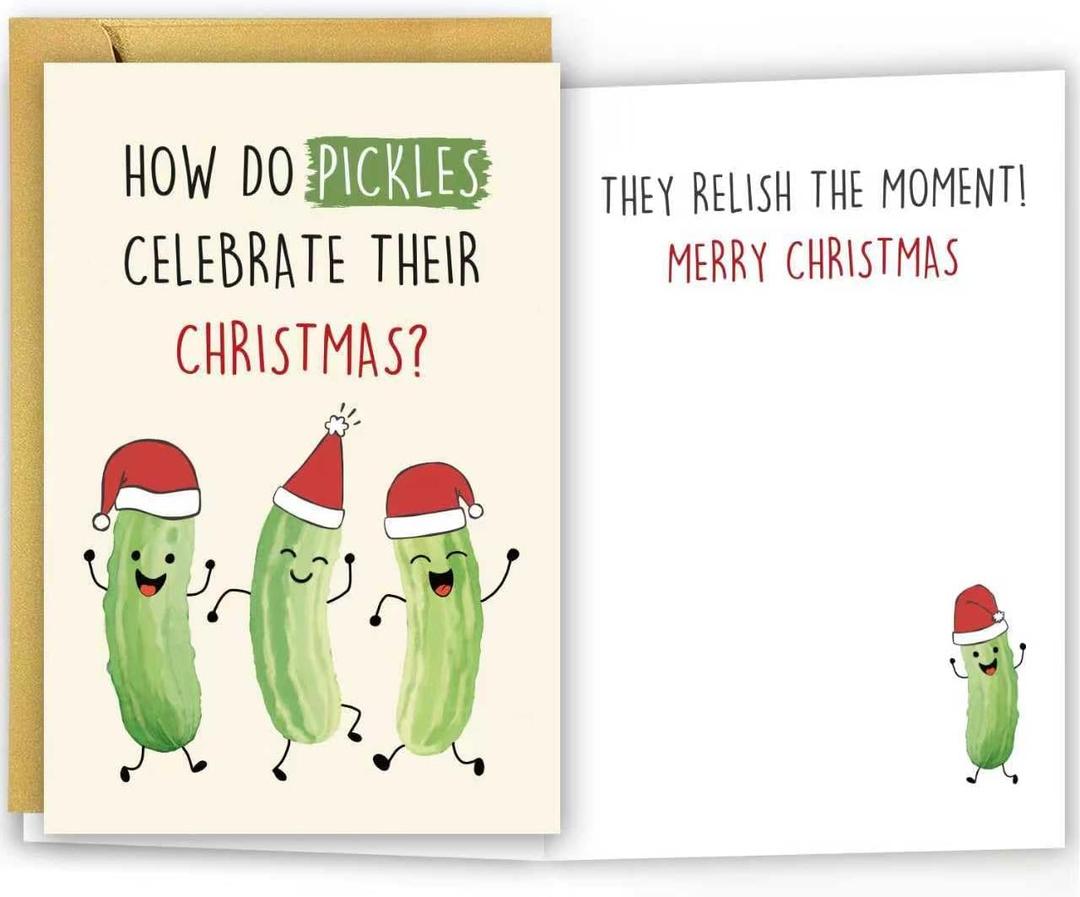 2 x Funny Pickle Pun Christmas Card, Humorous Merry Christmas Card for Brother Sister Bestie Friends Family Friend, Joke Pickle Relish the Moment Xmas Holiday Cards (#10)