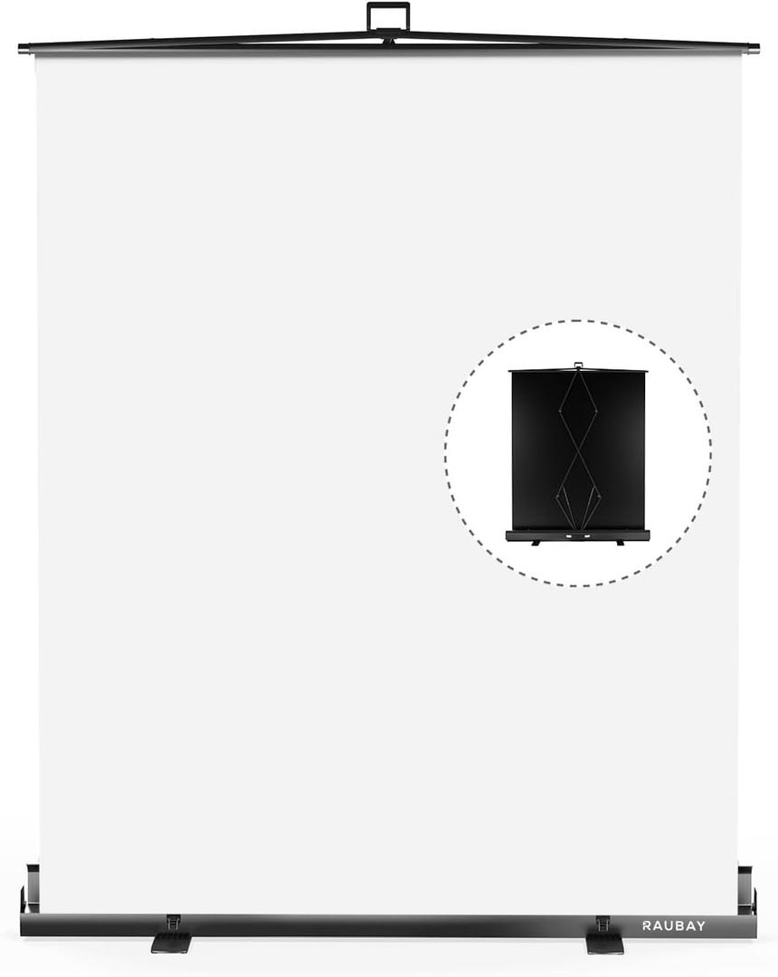 Easy Set Up RAUBAY 59.8 x 82.7in Collapsible White Backdrop Screen Portable Retractable Panel Photo Background with Stand for Video Conference, Photographic Studio, Streaming