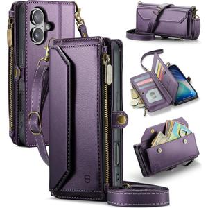 Wallet Case Compatible with iPhone 17 6.3" RFID Blocking 9-Card Holder Soft PU Leather Magnetic Snap Shoulder Strap Zipper Pocket Phone Case Fit for iPhone 17 for Women - Purple