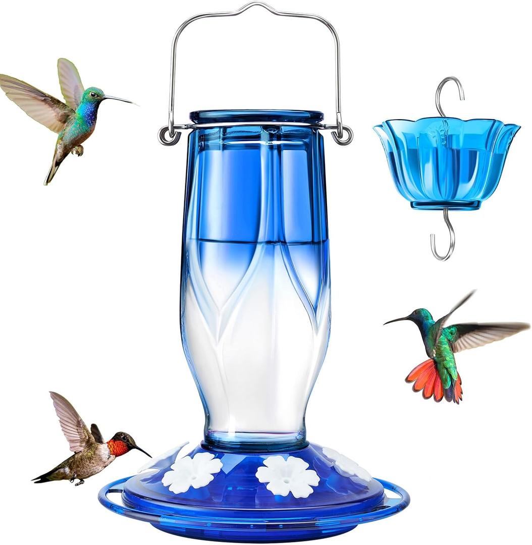 Kingsyard Glass Hummingbird Feeder 6 Feeding Ports, Hanging Bird Nectar Feeder 16 Ounces, Rustproof, Leakproof, Garden Backyard Decor, Ant Moat Included, Blue (Petal Gradient Blue)