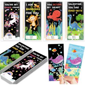 Shemira Valentines Day Gifts for Kids-24 Pack Scratch Art Crafts Notebook Kit with Valentines Cards for Kids, Valentines Day Cards for School Classroom Exchange, Valentines Party Favor Supplies