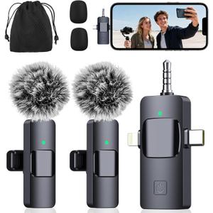 3-in-1 Microphone for iPhone, Android, Camera, Wireless Microphones, Mini Microphone, Lapel Mic with Noise Reduction, Crystal Clear Sound & 7H Battery for Recording, YouTube, Podcast (Charcoal Black)