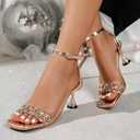 Women's Sparkling Rhinestone Ankle Strap Heeled Sandals Purple Metallic Square Open Toe Mid-Heel Dress Sandal for prom Shining Heels, Size 9.5