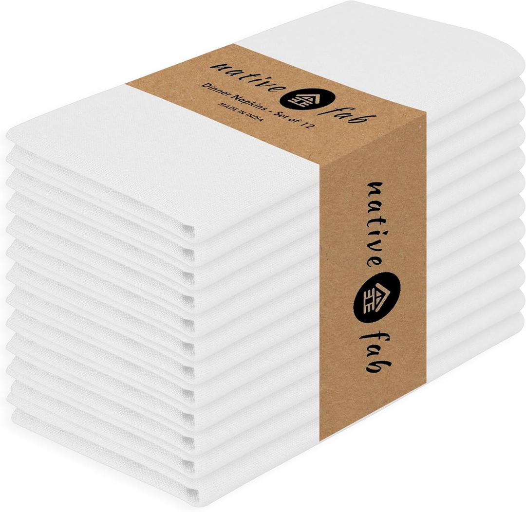 Native Fab Cloth Napkin Set of 12, 100% Cotton, Washable Fabric, Reusable Cloth Napkin 17x17 inches, Table Decor Napkins for Wedding, Dinner, Events - White