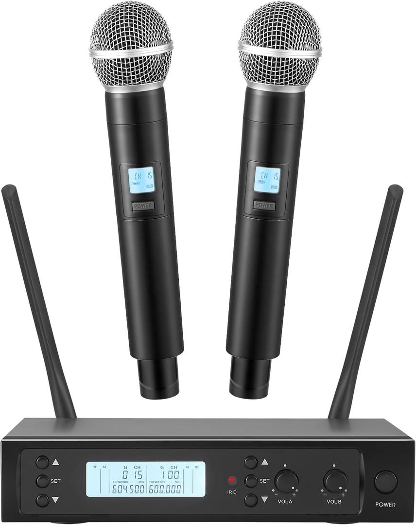 Wireless Microphones System with 2 X 100 Channels Cordless Handheld Microphone, 328 FT UHF Range, Mics with Stable Signal Transmission for Karaoke Singing Party Church Wedding PA Speaker