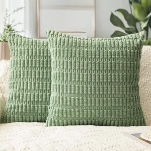 QUORGVES Corduroy Decorative Throw Pillow Covers 18x18 Inch Set of 2 Soft Boho Striped Light Green Pillow Covers Farmhouse Home Decor for Sofa Living Room Couch Bed Sage Green