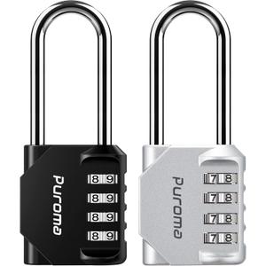 Puroma 2 Pack 2.6 Inch Long Shackle Combination Lock 4 Digit Outdoor Waterproof Padlock for School Gym Locker, Sports Locker, Fence, Gate, Toolbox, Case, Hasp Storage (Silver & Black)