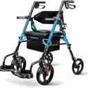 Foldable 2-in-1 Rollator Walker for Seniors with Seat, Lightweight Transport Wheelchair Combo 300 lbs Capacity, All-Terrain Tires, Anti-Tip Brakes, Adjustable Height 33.5"-40" (13 - Sky Blue (10" Front and 8" Rear Wheel))