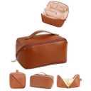 Personalized Travel Makeup Bag, Customized Large Capacity Cosmetic Bag with Printed Name Initials, PU Leather Toiletry Bag for Women, Wide Open Portable Pouch with Divider and Handle, Mothers Day Gift - Brown