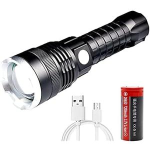 Rechargeable LED Flashlight, High Lumens XHP70 Tactical, Zoom, 5 Modes, Waterproof, 5000mAh Battery and Emergency Battery Kit, USB Output Power Supply for Outdoor, Emergency, Camping, Hiking