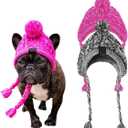 Dog Winter Hats 2pcs for Small Medium Dogs Pets Hand-Knitted Warm Hat with Ear Holes and Adjustable Straps Pink+Grey (Large)