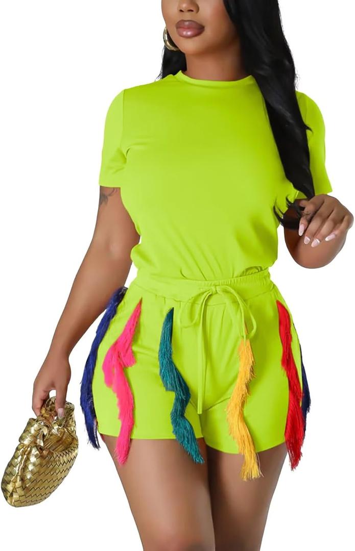Fastkoala Womens 2 Piece Outfits Summer Casual Short Sleeve Tops Colorful Tassel Clubwear Party Shorts Sweatsuits Pant Sets (X-Large, Green)