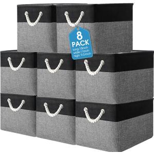 meekoo 8 Pack Collapsible Storage Bins Fabric Storage Bins Polyester Fabric Baskets with Handles Linen Closet Organizer for Shelf Home Closet Towels Toys(15 x 11 x 9.5 in,Black Gray)