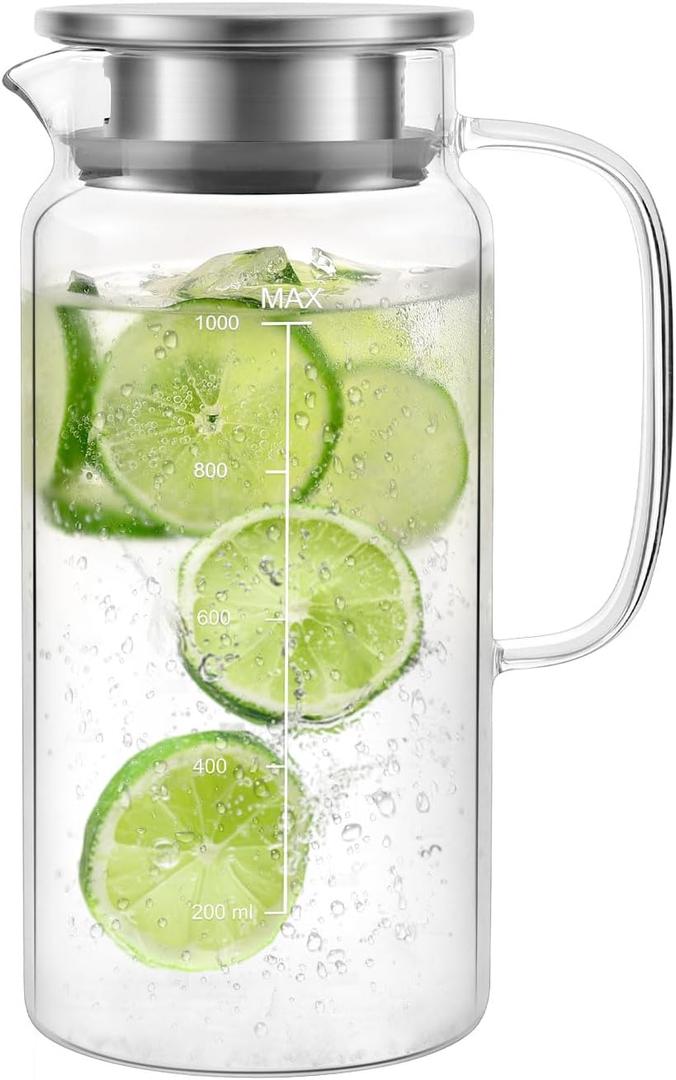 VUCCHINI Glass Pitcher With Lid 37 oz / 1100 ml Small Juice Milk Cold Carafe and Iced Tea Pitcher Jug for Refrigerator Water Pitcher Container for Juice Coffee Milk and Homemade Beverage