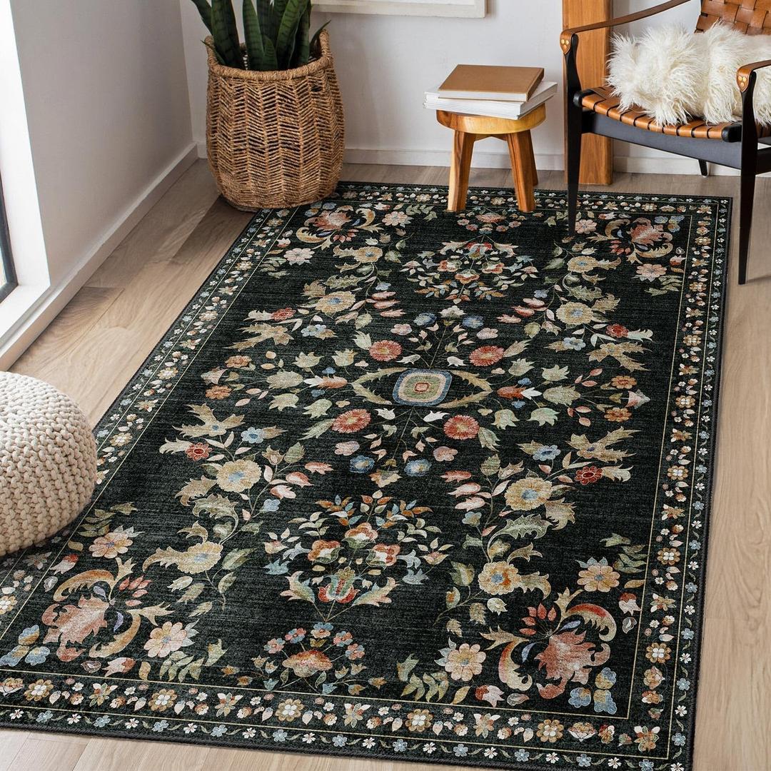 MUJOO 3x5 Rug Washable,Black Floral Area Rugs for Bedroom Bedside Entryway Living Room Kitchen,Floral Boho Small Indoor Floor Rug Non Slip Throw Carpet Low Pile Vintage