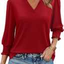 Uhiger Tunic Tops for Women 3/4 Length Sleeve Womens Tops V Neck Blouses Shirts Dressy Casual with Smocked Cuffs (Small, Red)