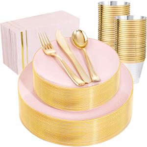 NOCCUR 350PCS Pink and Gold Plastic Plates - Pink Disposable Plastic Dinnerware Set for 50 Guests Include 50 Dinner Plates,50 Dessert Plates,150 Gold Cutlery,50 Cups&50 Napkins for Party&Wedding