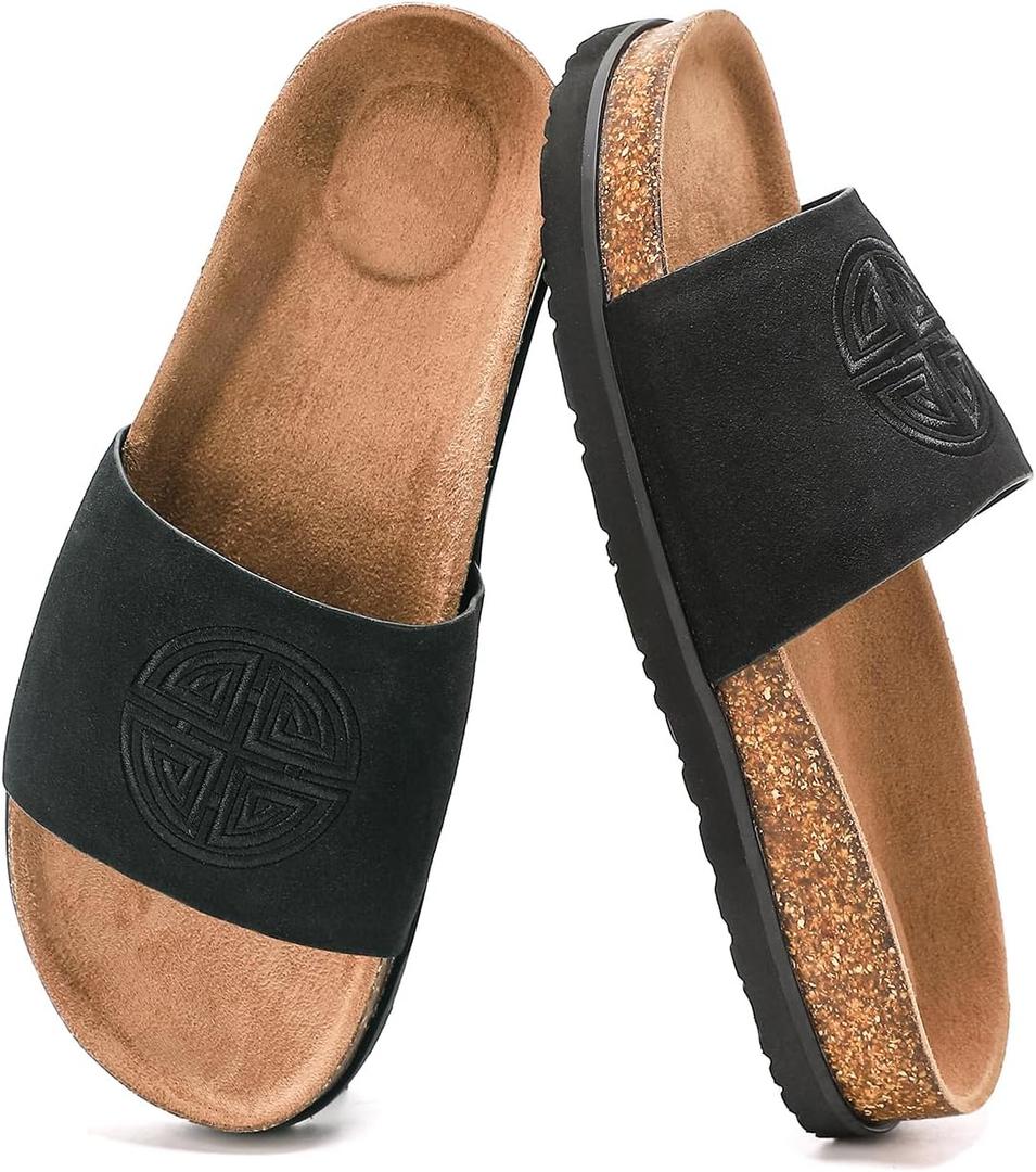 Women's Suede Slide Sandals with Arch Support,Cork Comfortable Summer Flat Sandals for Women 2025 Beach Vacation Shoes,Cute Dressy Sandals Outdoor Slippers (Black)