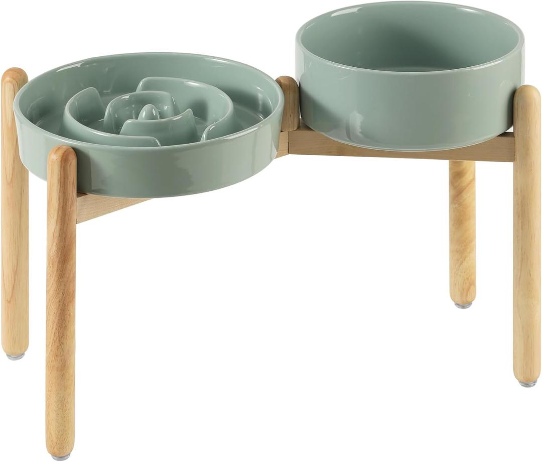 Havniva 3.2 Cup Ceramic Raised Slow Feeder Dog Bowl Set, Elevated 8.2inch Bowl and 9.5inch Puzzle Slow Food Dish with Wooden Stand for Large Dog, Anti-Gulping (2 x Light Green+ Stand)